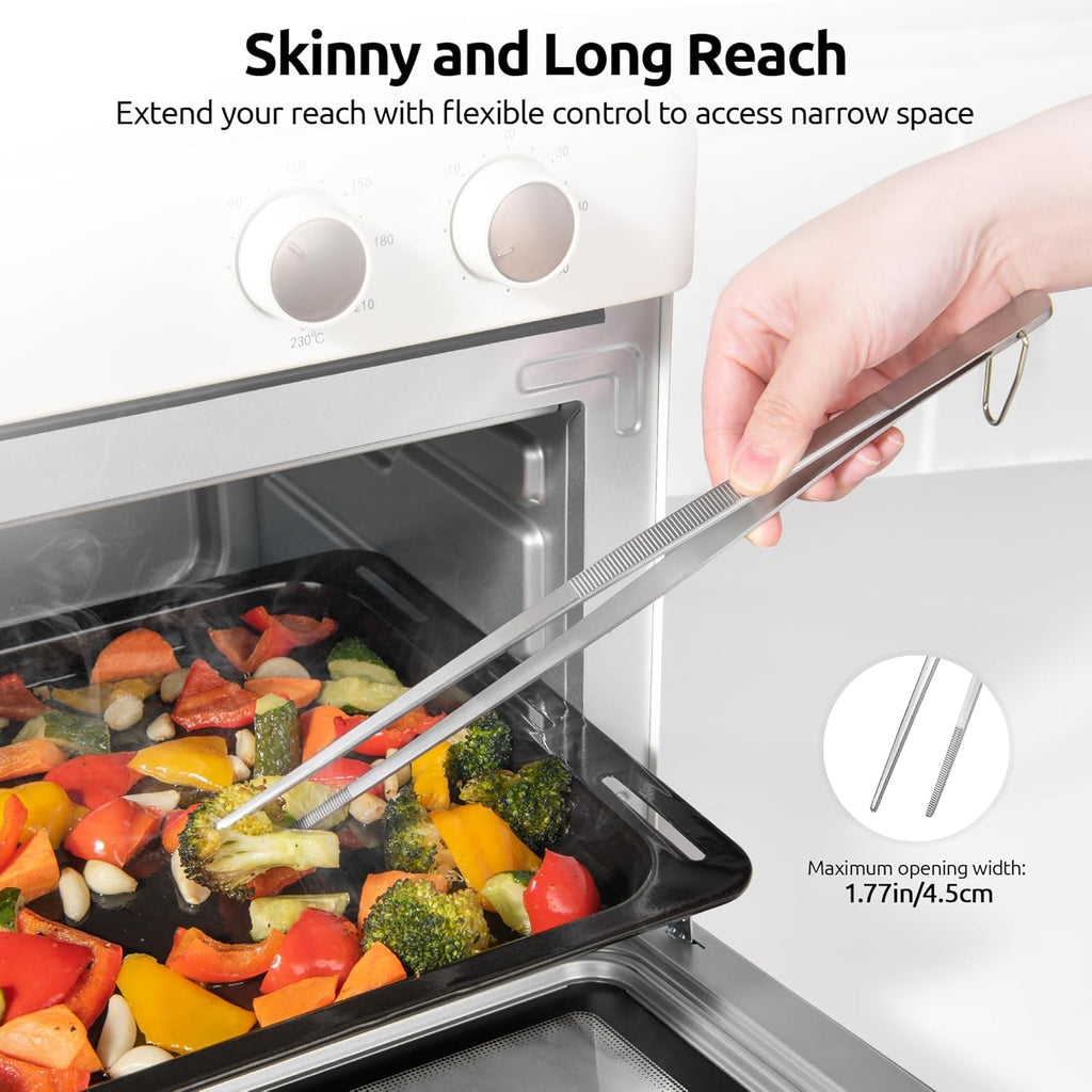 12" Kitchen Cooking Tweezer Set: 18/8 Stainless Steel Food-Grade Metal Food Tong, Flexible Pinching, Seamless-Welding, Sturdy and Non-Slip for Serving, Grilling, Frying (Round & Pointed Tip)