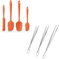 600ºF Heat Resistant Silicone Spatulas: Kitchen Cooking Mixing Utensils (4PCS, Orange) and 8+10"+12" Kitchen Cooking Tweezer: 18/8 Stainless Steel Food-Grade Metal Food Tong (Pointed Tip)"