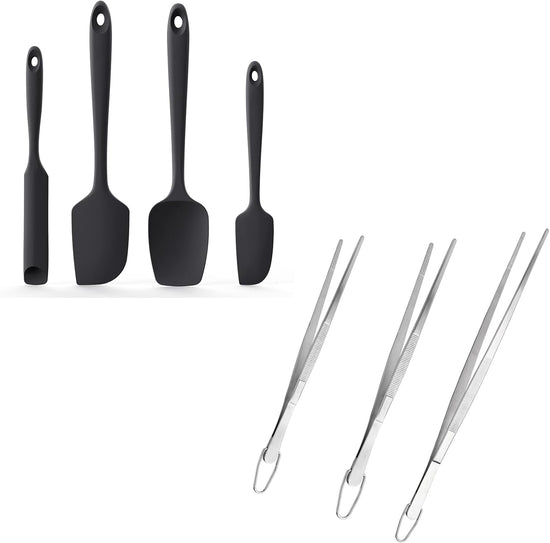 600ºF Heat Resistant Silicone Spatulas: Kitchen Cooking Mixing Utensils (4PCS, Black) and 8+10"+12" Kitchen Cooking Tweezer: 18/8 Stainless Steel Food-Grade Metal Food Tong (Pointed Tip)"