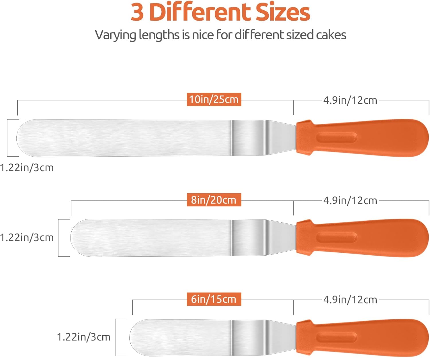 Icing Spatula,  Stainless Steel Angled Cake Decorating Frosting Spatula Set of 3 (Orange), and 8"+10"+12" Kitchen Cooking Tweezer: 18/8 Stainless Steel Metal Food Tong (Pointed Tip)