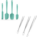 600ºF Heat Resistant Silicone Spatulas: Kitchen Cooking Mixing Utensils (4PCS, Aqua Sky) and 8+10"+12" Kitchen Cooking Tweezer: 18/8 Stainless Steel Food-Grade Metal Food Tong (Pointed Tip)"