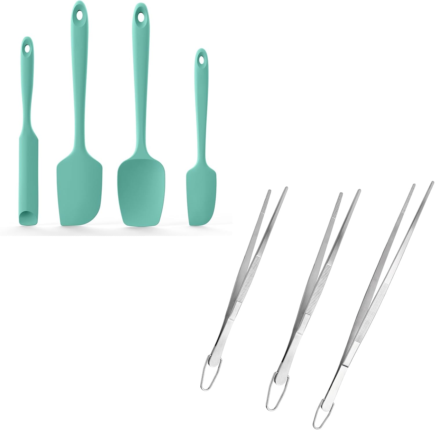 600ºF Heat Resistant Silicone Spatulas: Kitchen Cooking Mixing Utensils (4PCS, Aqua Sky) and 8+10"+12" Kitchen Cooking Tweezer: 18/8 Stainless Steel Food-Grade Metal Food Tong (Pointed Tip)"