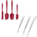 600ºF Heat Resistant Silicone Spatulas: Kitchen Cooking Mixing Utensils (4PCS, Red) and 8+10"+12" Kitchen Cooking Tweezer: 18/8 Stainless Steel Food-Grade Metal Food Tong (Pointed Tip)"
