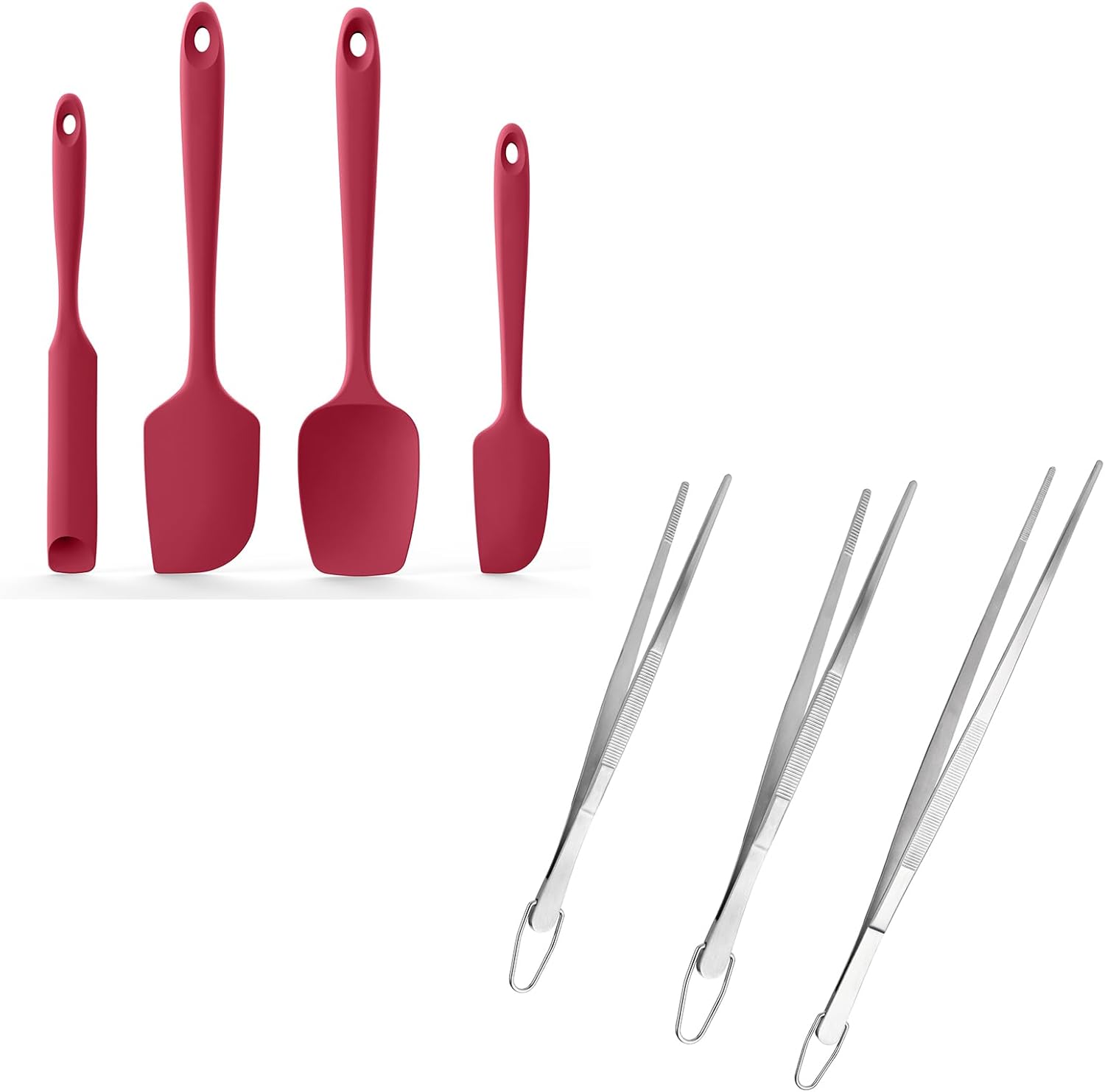 600ºF Heat Resistant Silicone Spatulas: Kitchen Cooking Mixing Utensils (4PCS, Red) and 8+10"+12" Kitchen Cooking Tweezer: 18/8 Stainless Steel Food-Grade Metal Food Tong (Pointed Tip)"