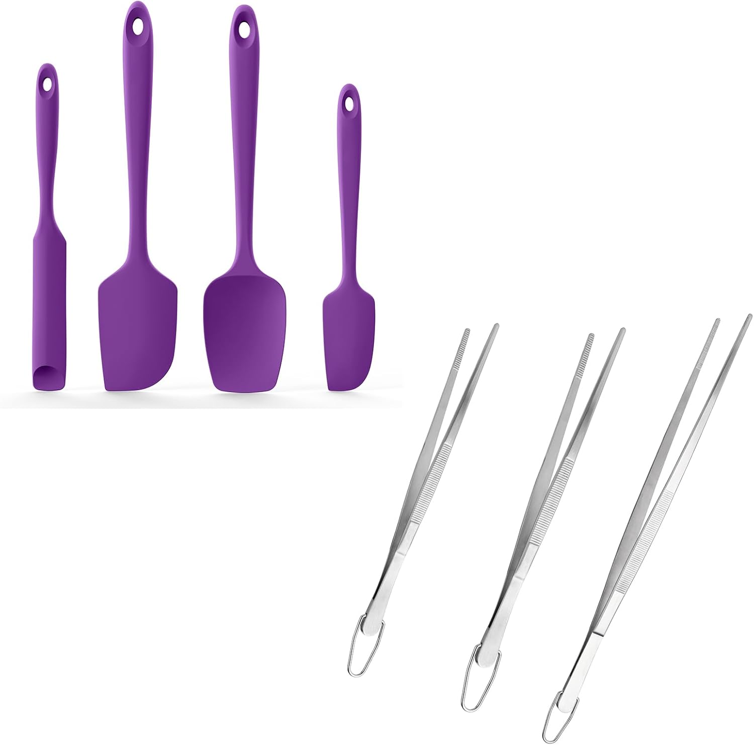 600ºF Heat Resistant Silicone Spatulas: Kitchen Cooking Mixing Utensils (4PCS, Purple) and 8+10"+12" Kitchen Cooking Tweezer: 18/8 Stainless Steel Food-Grade Metal Food Tong (Pointed Tip)"