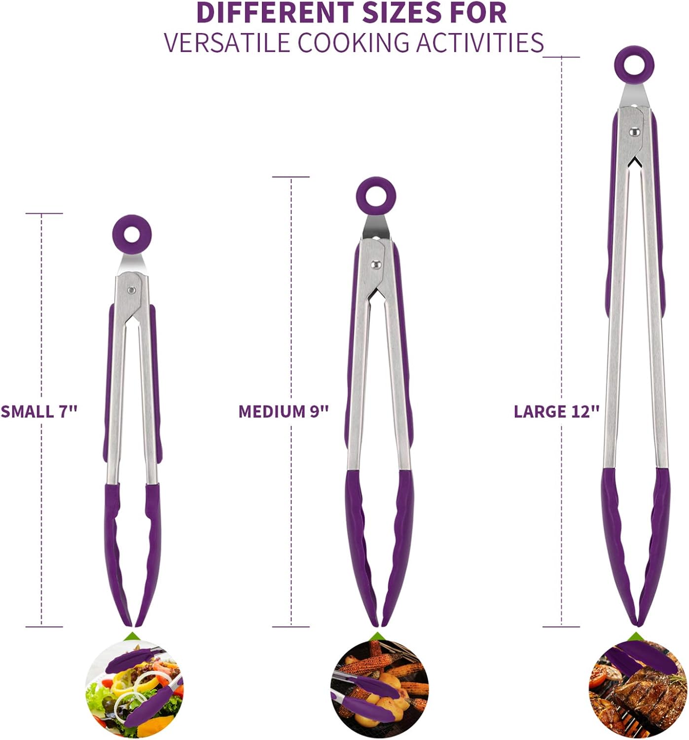 600ºF Heat Resistant 7/9/12 inches Silicone Cooking Tongs with Non Stick Rubber Tips (Purple) and 8"+10"+12" Kitchen Tweezer Set: 18/8 Stainless Steel Food-Grade Metal Food Tong (Pointed Tip)