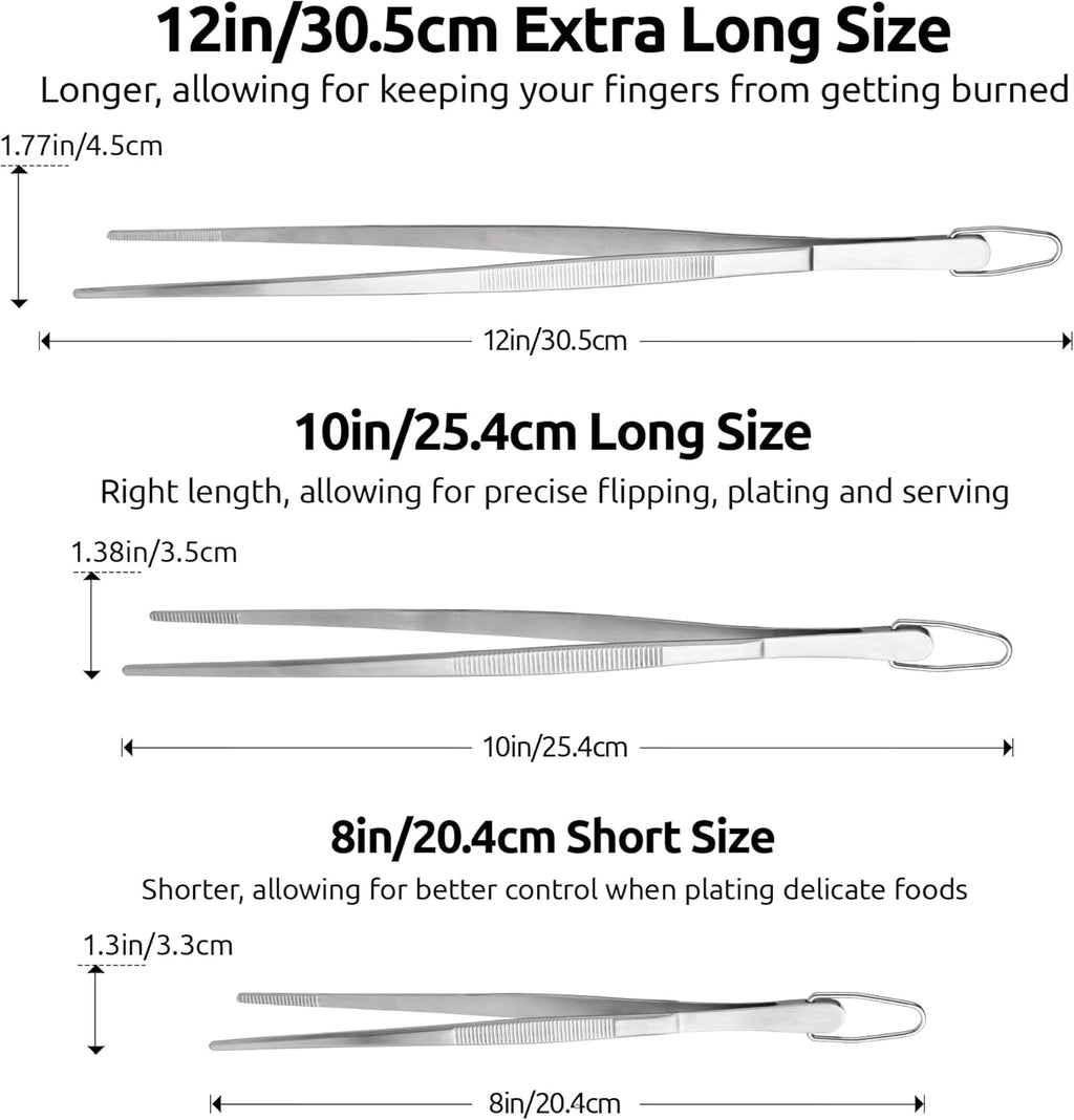 600ºF Heat Resistant 7/9/12 inches Silicone Cooking Tongs with Non Stick Rubber Tips (Purple) and 8"+10"+12" Kitchen Tweezer Set: 18/8 Stainless Steel Food-Grade Metal Food Tong (Pointed Tip)