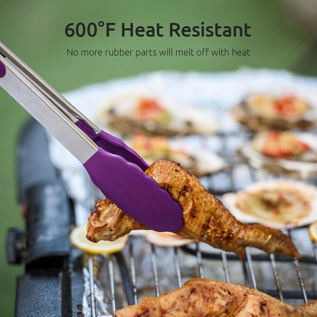 600ºF Heat Resistant 7/9/12 inches Silicone Cooking Tongs with Non Stick Rubber Tips (Purple) and 8"+10"+12" Kitchen Tweezer Set: 18/8 Stainless Steel Food-Grade Metal Food Tong (Pointed Tip)