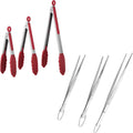 600ºF Heat Resistant 7/9/12 inches Silicone Cooking Tongs with Non Stick Rubber Tips (Red) and 8"+10"+12" Kitchen Tweezer Set: 18/8 Stainless Steel Food-Grade Metal Food Tong (Pointed Tip)