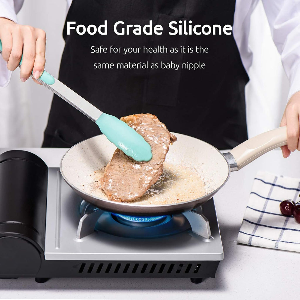 600ºF Heat Resistant 7/9/12 inches Silicone Cooking Tongs with Non Stick Rubber Tips (Aqua Sky) and 8"+10"+12" Kitchen Tweezer Set:18/8 Stainless Steel Food-Grade Metal Food Tong (Pointed Tip)