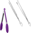 600ºF Heat Resistant 9in Silicone Cooking Tongs with Non Stick Rubber Tips (Purple) and 10 Kitchen Cooking Tweezer Set: 18/8 Stainless Steel Food-Grade Metal Food Tong (Round & Pointed Tip)"