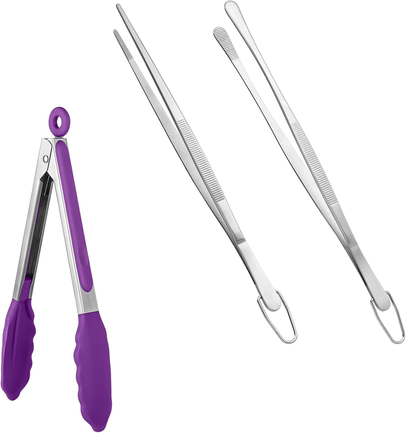 600ºF Heat Resistant 9in Silicone Cooking Tongs with Non Stick Rubber Tips (Purple) and 10 Kitchen Cooking Tweezer Set: 18/8 Stainless Steel Food-Grade Metal Food Tong (Round & Pointed Tip)"