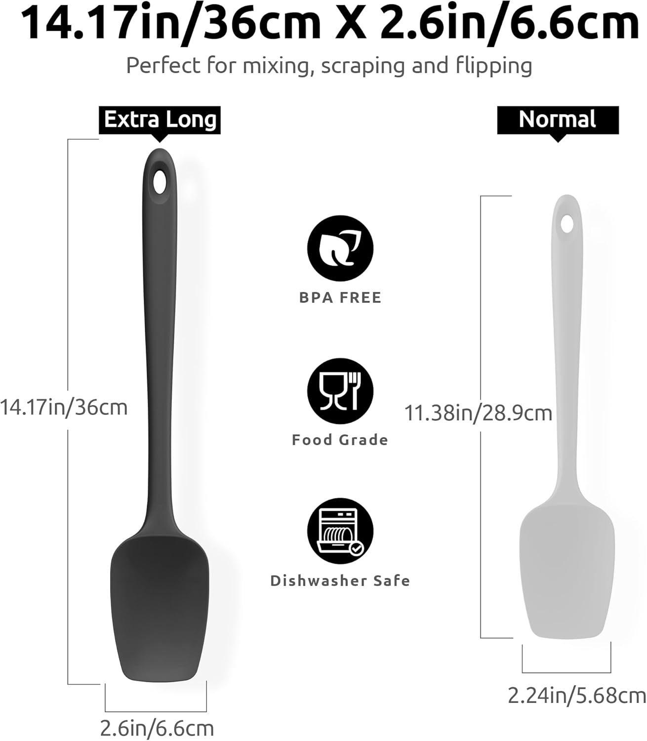 600ºF High Heat Flexible 14in Extra Large Silicone Spoon Spatula (Black) and 12" Kitchen Cooking Tweezer Set: 18/8 Stainless Steel Food-Grade Metal Food Tong (Round & Pointed Tip)
