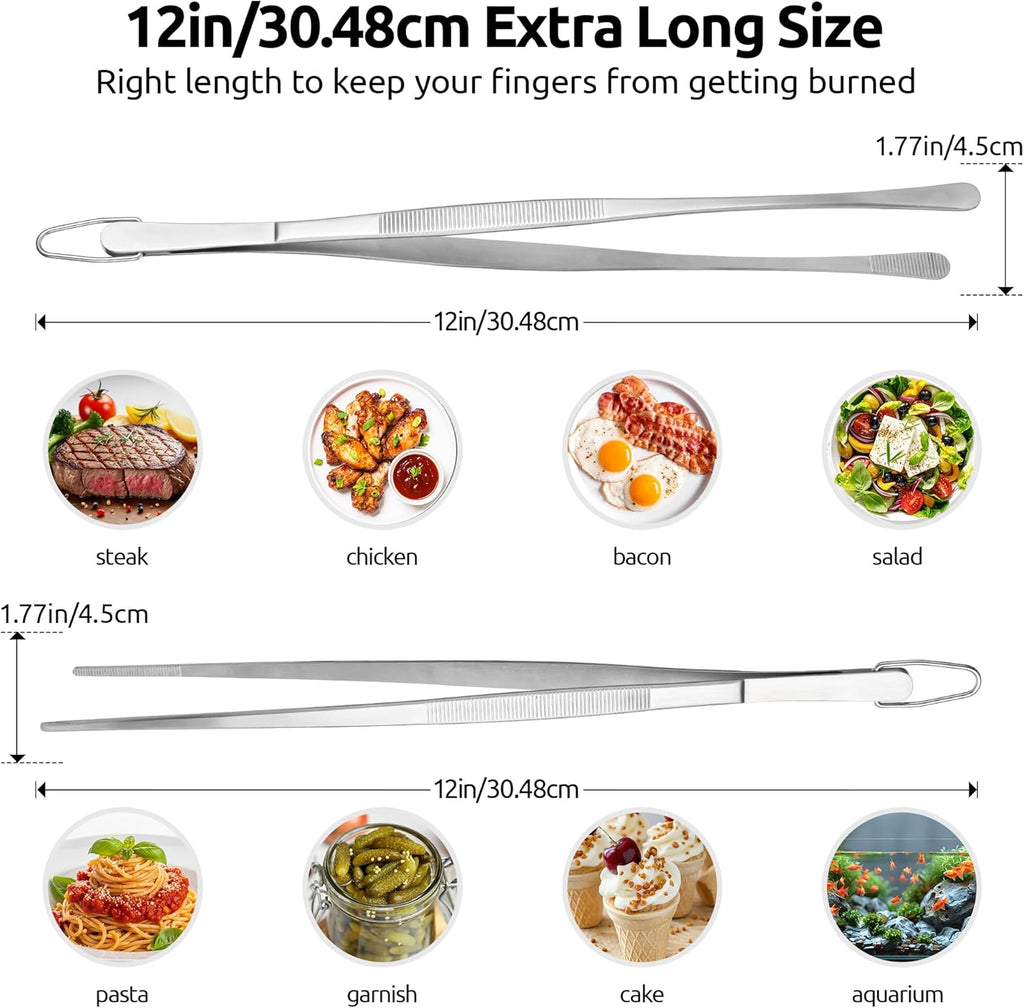 600ºF High Heat Flexible 14in Extra Large Silicone Spoon Spatula (Black) and 12" Kitchen Cooking Tweezer Set: 18/8 Stainless Steel Food-Grade Metal Food Tong (Round & Pointed Tip)