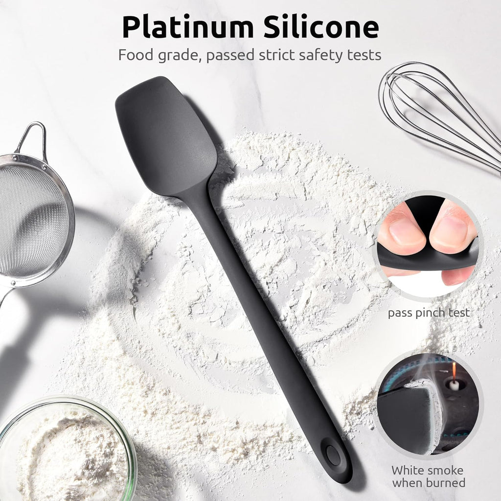 600ºF High Heat Flexible 14in Extra Large Silicone Spoon Spatula (Black) and 12" Kitchen Cooking Tweezer Set: 18/8 Stainless Steel Food-Grade Metal Food Tong (Round & Pointed Tip)