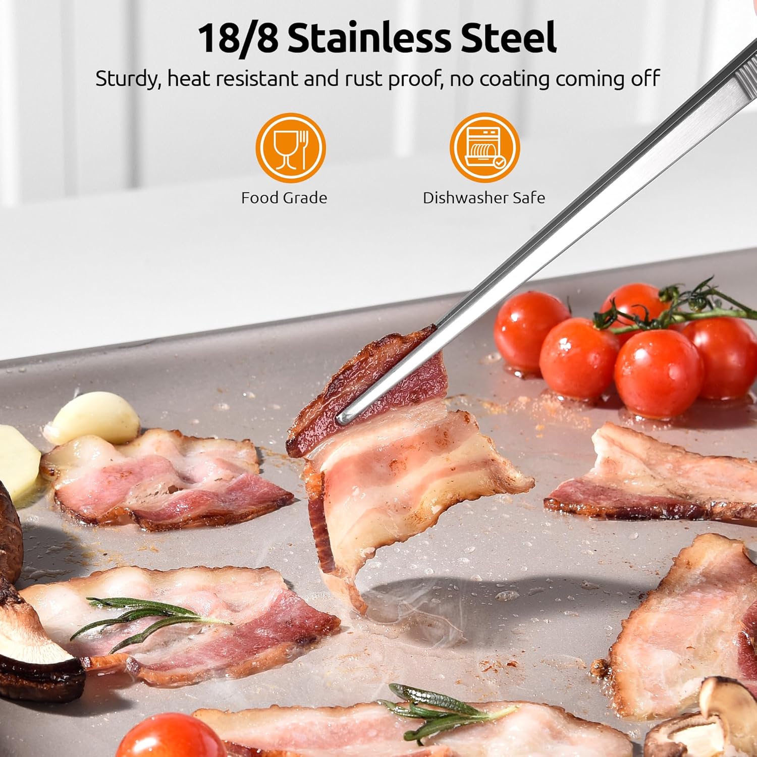 600ºF High Heat Flexible 14in Extra Large Silicone Spoon Spatula (Black) and 12" Kitchen Cooking Tweezer Set: 18/8 Stainless Steel Food-Grade Metal Food Tong (Round & Pointed Tip)