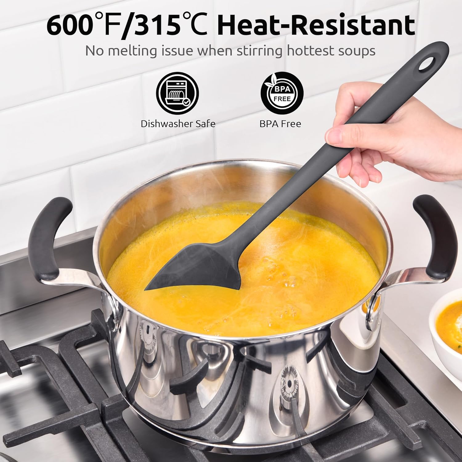 600ºF High Heat Flexible 14in Extra Large Silicone Spoon Spatula (Black) and 12" Kitchen Cooking Tweezer Set: 18/8 Stainless Steel Food-Grade Metal Food Tong (Round & Pointed Tip)