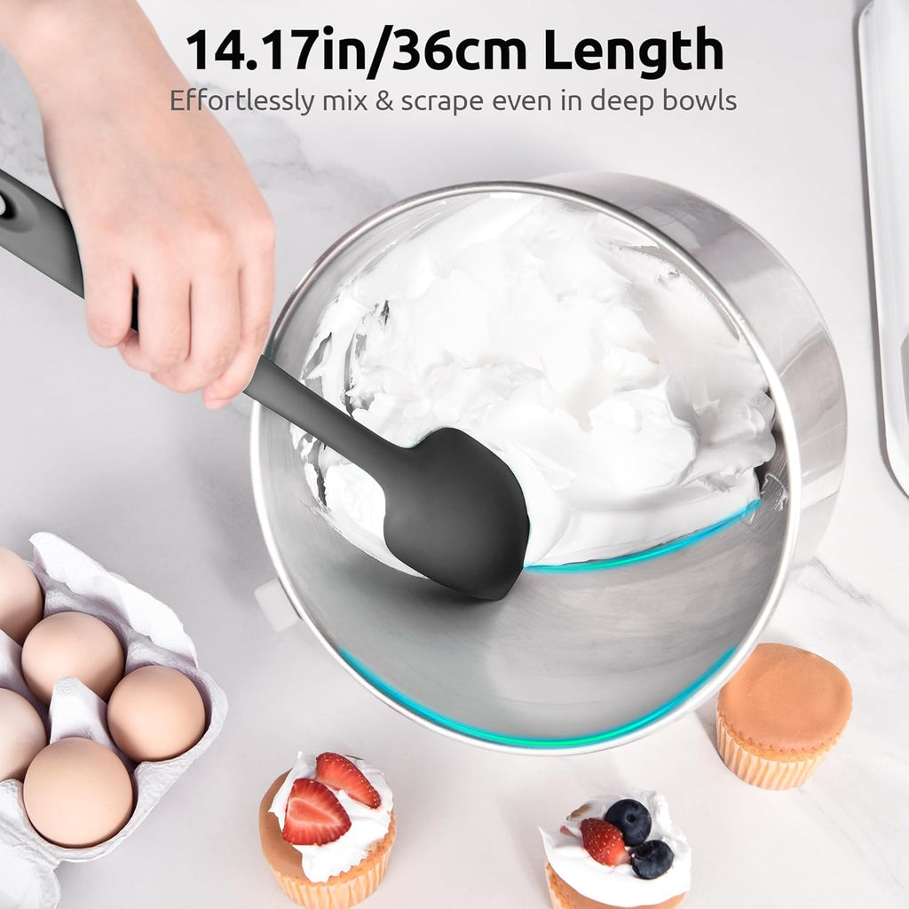 600ºF High Heat Flexible 14in Extra Large Silicone Spoon Spatula (Black) and 12" Kitchen Cooking Tweezer Set: 18/8 Stainless Steel Food-Grade Metal Food Tong (Round & Pointed Tip)