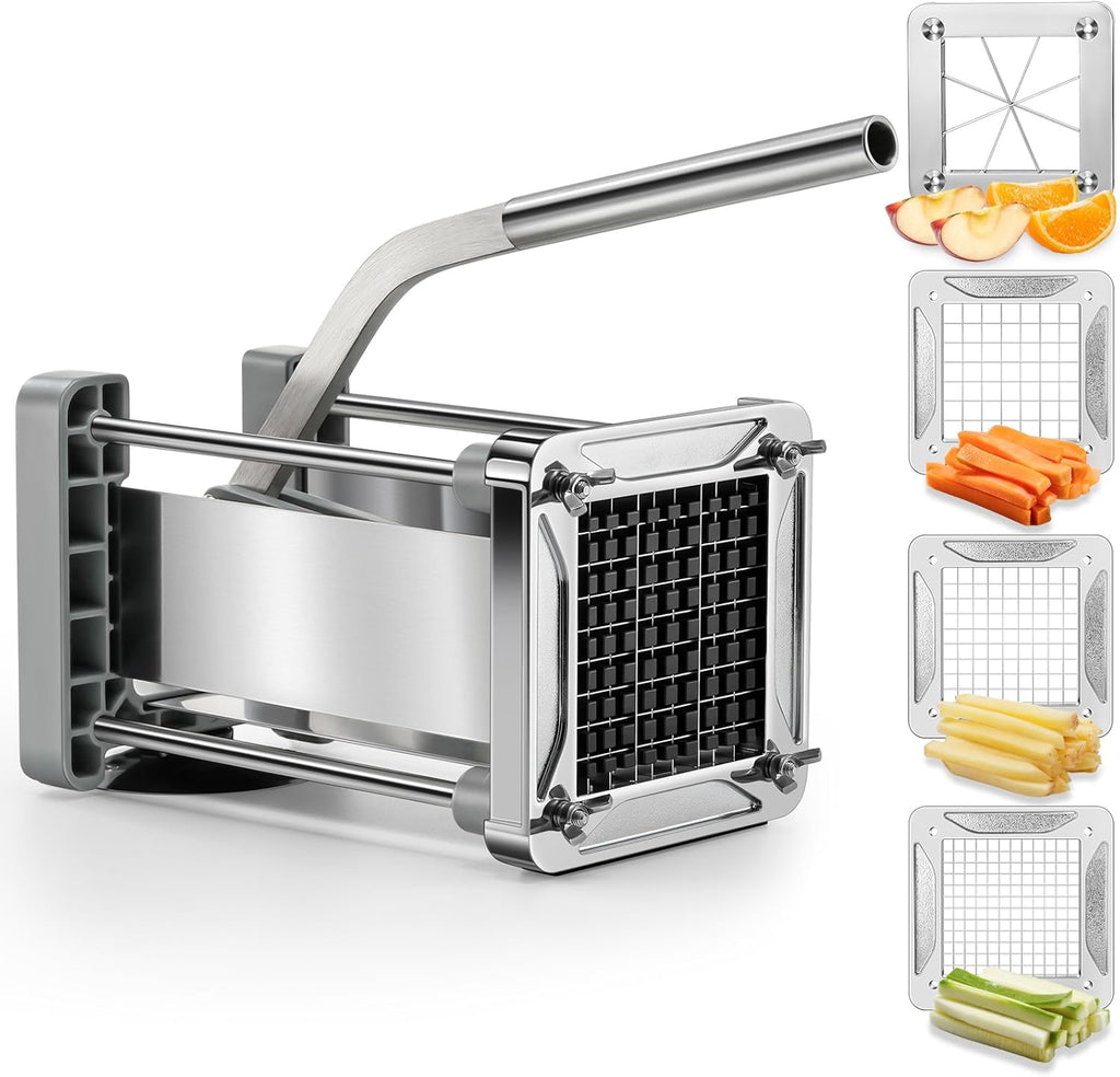 French Fry Cutter,  Professional Stainless Steel Potato Cutter with 1/2", 1/4", 3/8" & Wedge Blades for Potatoes, Carrots, Apples