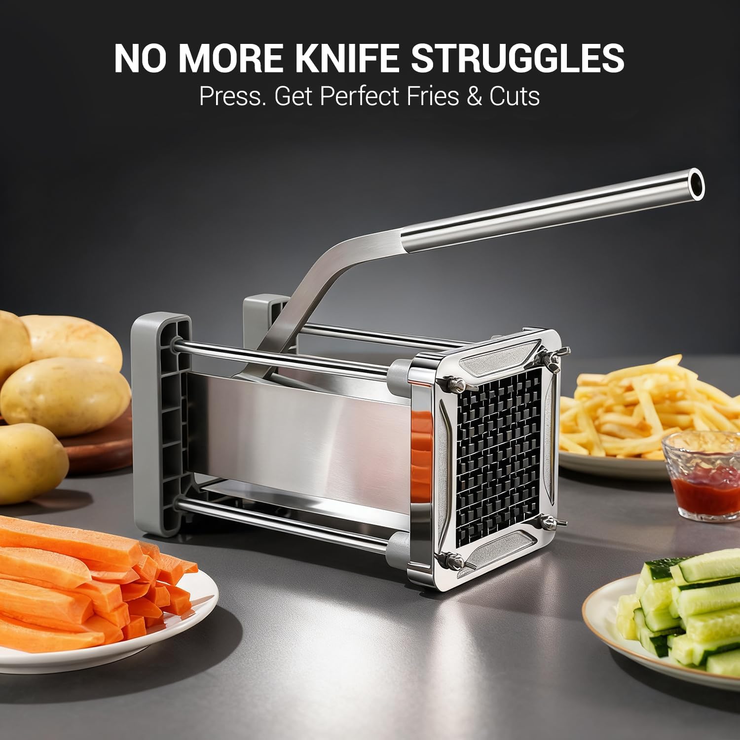French Fry Cutter,  Professional Stainless Steel Potato Cutter with 1/2", 1/4", 3/8" & Wedge Blades for Potatoes, Carrots, Apples