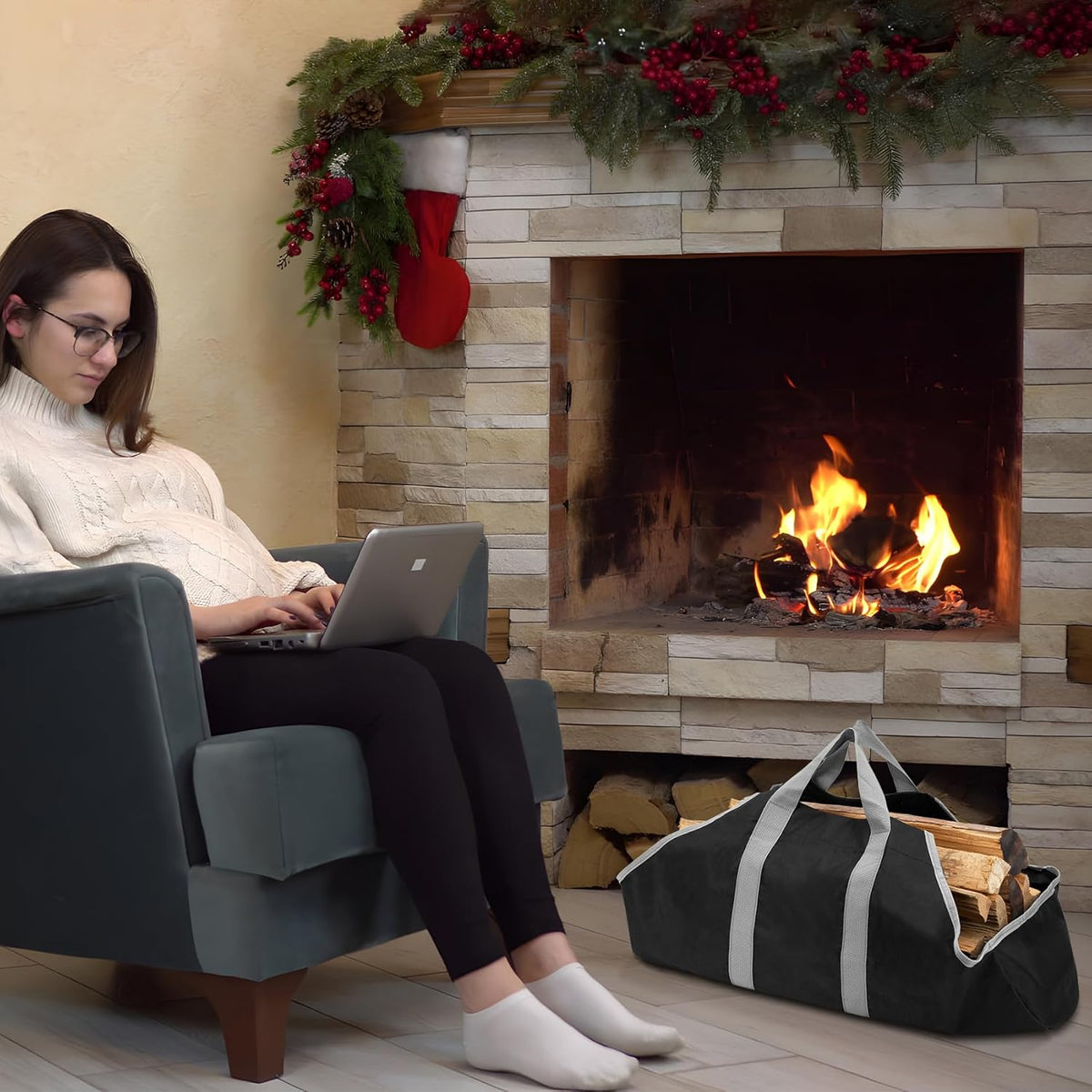 Canvas Firewood Carrier Bag, Durable Firepalce Log Tote with Handles for Wood Fire Stove, Outdoor Camping - Flavour Fushion Cooking Shop