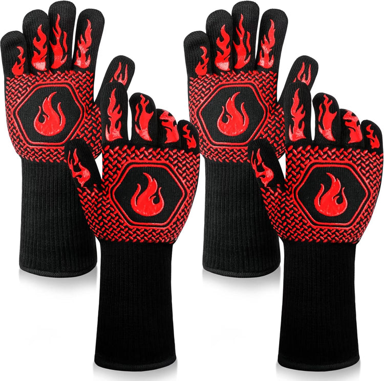 BBQ Fireproof Gloves, Grill Cut-Resistant Gloves 1472°F Heat Resistant Gloves, Non-Slip Silicone Oven Gloves, Kitchen Safe Cooking Gloves for Oven Mitts,Barbecue,Cooking, Frying, Red（2 Pairs）
