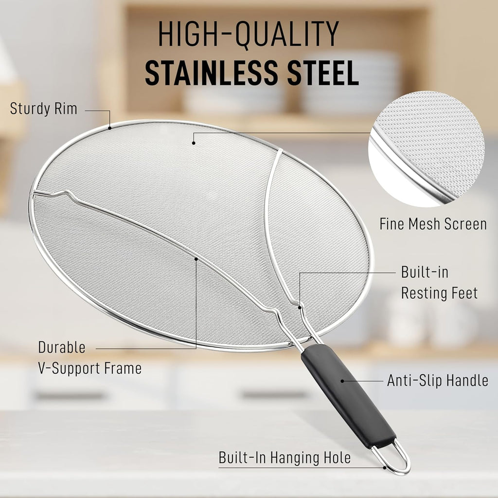 Splatter Screen for Frying Pan (13”) - Grease Splatter Guard for Frying Pan - Oil Splatter Guard - Oil Splash Guard for Frying Pan - Stainless Steel Grease Screen for Stove Top (Black)