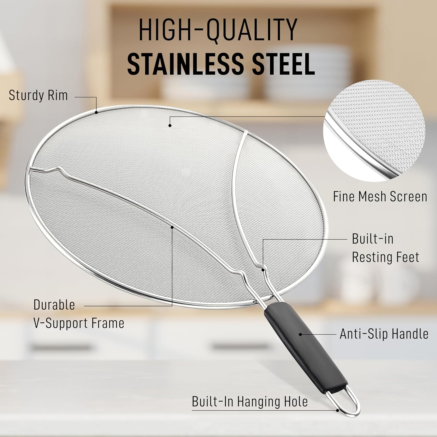 Splatter Screen for Frying Pan (13”) - Grease Splatter Guard for Frying Pan - Oil Splatter Guard - Oil Splash Guard for Frying Pan - Stainless Steel Grease Screen for Stove Top (Black)