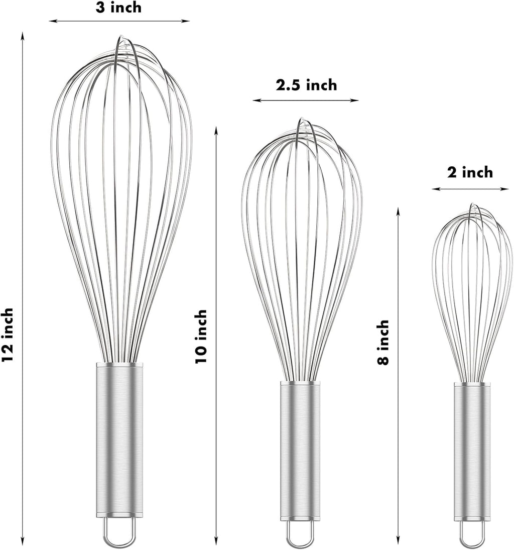 304 Stainless Steel Whisk Set & Rainbow Tongs Set, 3 Pack Metal Whisks and Silicone Tongs for Kitchen Cooking
