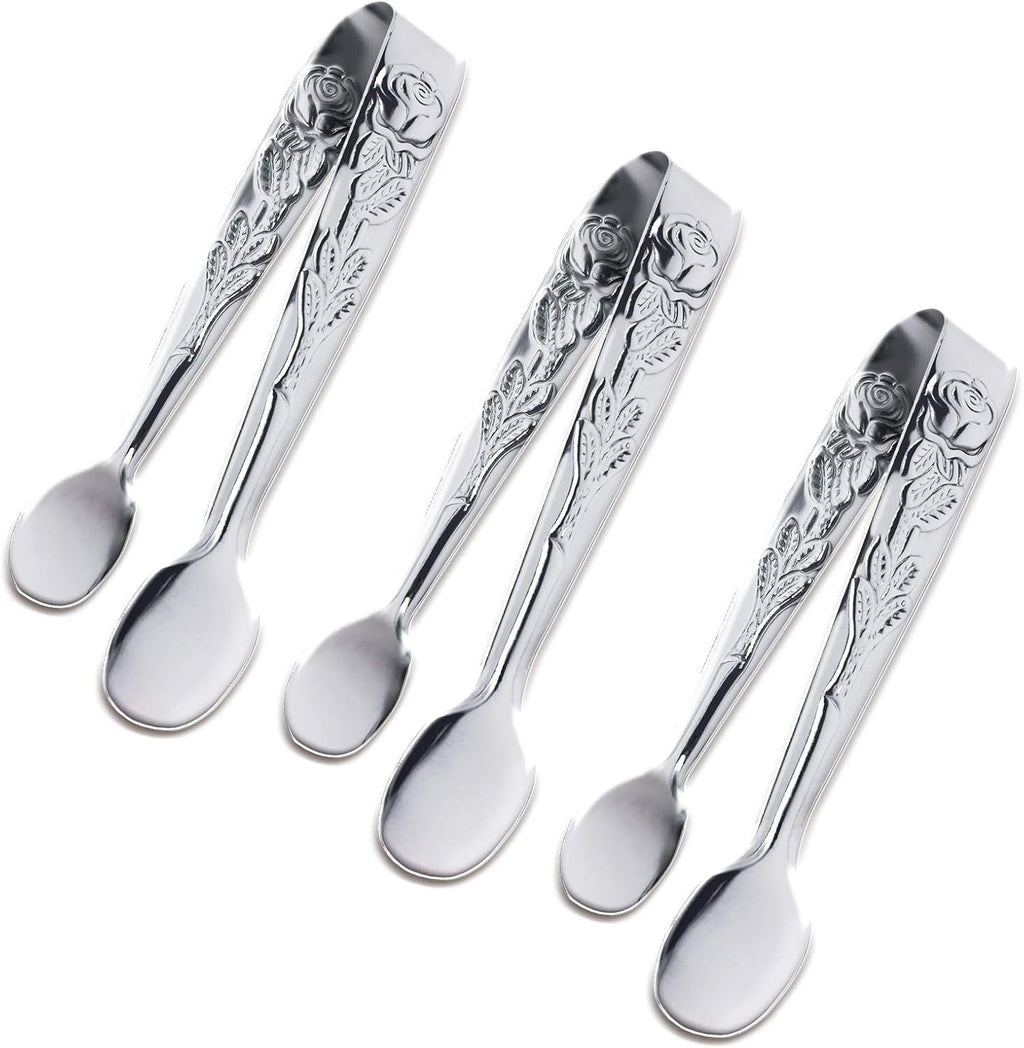 3PCS Mini Serving Tongs, 4Inch Rose Stainless Steel Sugar Cube Tongs, Sliver Small Ice Tong for Tea and Coffee Party, Appetizers, Desserts by  (Silver)