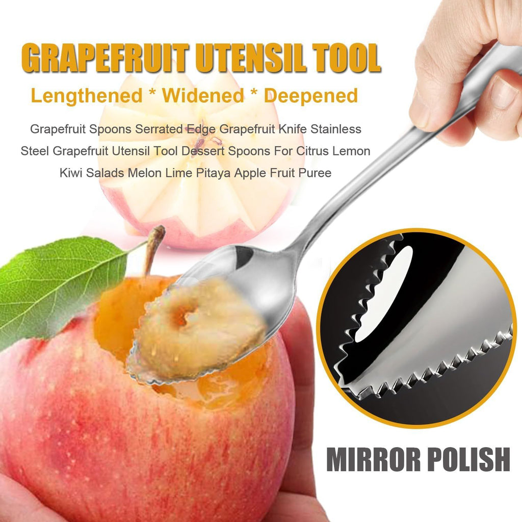 Serrated Edge Grapefruit Spoons Stainless Steel Grapefruit Utensil Tool Dessert Fruit Spoons for Citrus Lemon Kiwi Salads Melon Lime Pitaya Apple Fruit Puree (Silver)
