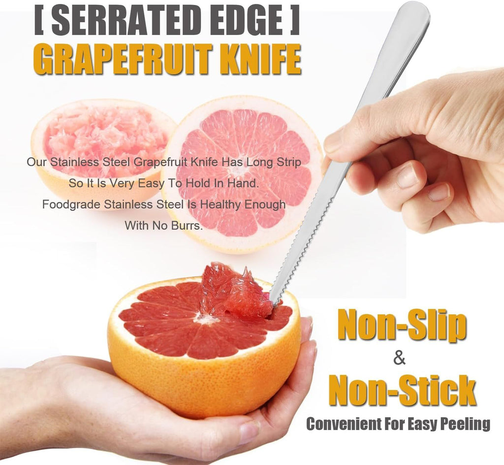 Grapefruit Spoons Serrated Edge Knife Stainless Steel Utensil Tool Dessert Spoon for Citrus Lemon Kiwi Salads Melon Lime Pitaya Apple Fruit Puree (Silver)