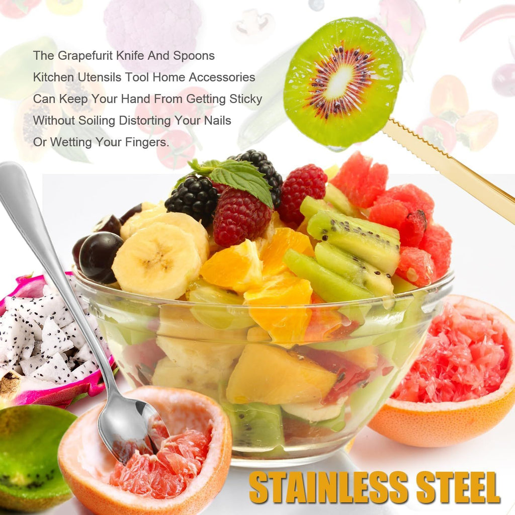 Grapefruit Spoons Serrated Edge Knife Stainless Steel Utensil Tool Dessert Spoon for Citrus Lemon Kiwi Salads Melon Lime Pitaya Apple Fruit Puree (Silver)