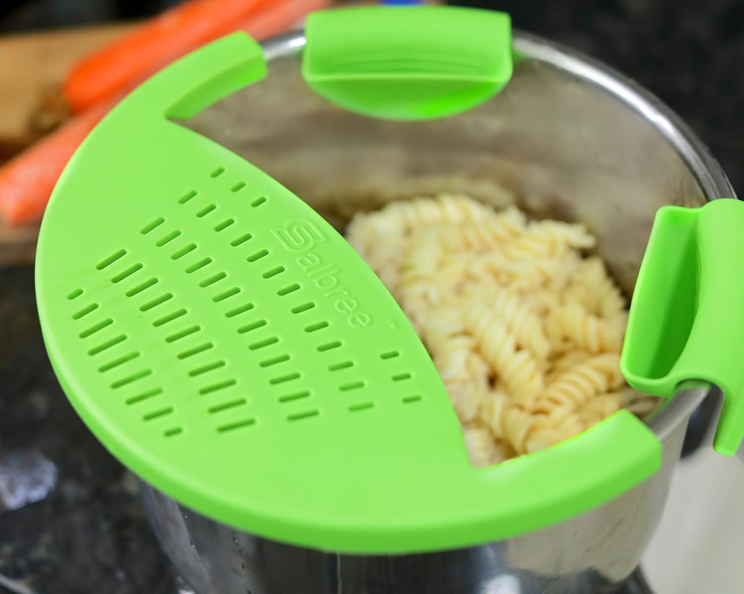 Salbree Silicone Snap Strainer fits the 6qt Instant Pot and Snaps to the 6 quart Instapot Pressure Cooker Inner Pan Small Mitts Set Included, for Straining Vegetable and Ground Beef Grease (green)