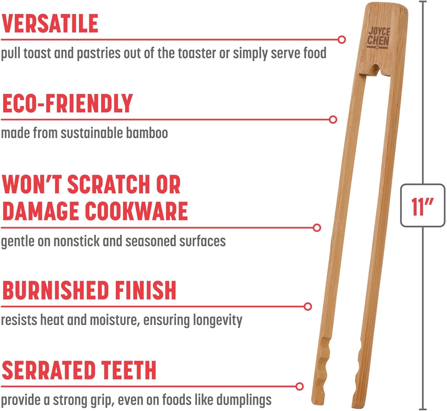 11-Inch Burnished Bamboo Tongs with Serrated Teeth, Natural Finish Nonstick Safe Serving Tongs
