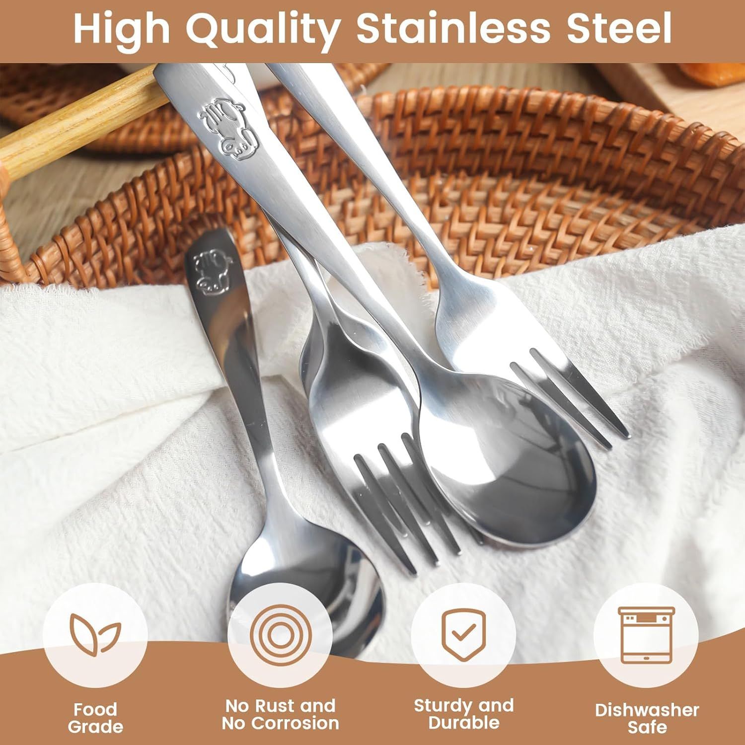 12PCS Toddler Utensils, Stainless Steel Kids Silverware, Safe Toddler Forks and Spoons, Mirror Polished, Dishwasher Safe, with Bunny & Puppy Motifs, Fun Stocking Stuffers for Kids