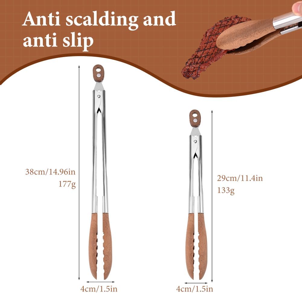 Walnut Wood Tongs for Cooking, Stainless Steel Anti-Slip Long Handle Wood Salad Tongs, Cooking Tong Tools for Serving Food Bbq Kitchen Hoehold (Long 12in)