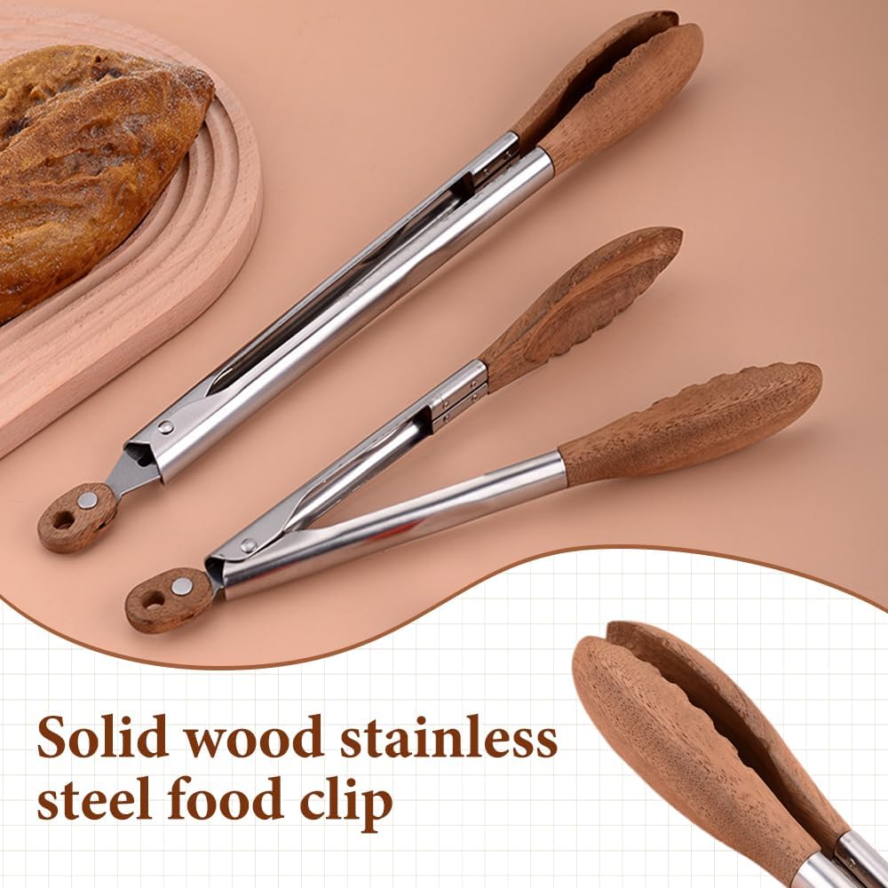 Walnut Wood Tongs for Cooking, Stainless Steel Anti-Slip Long Handle Wood Salad Tongs, Cooking Tong Tools for Serving Food Bbq Kitchen Hoehold (Long 12in)