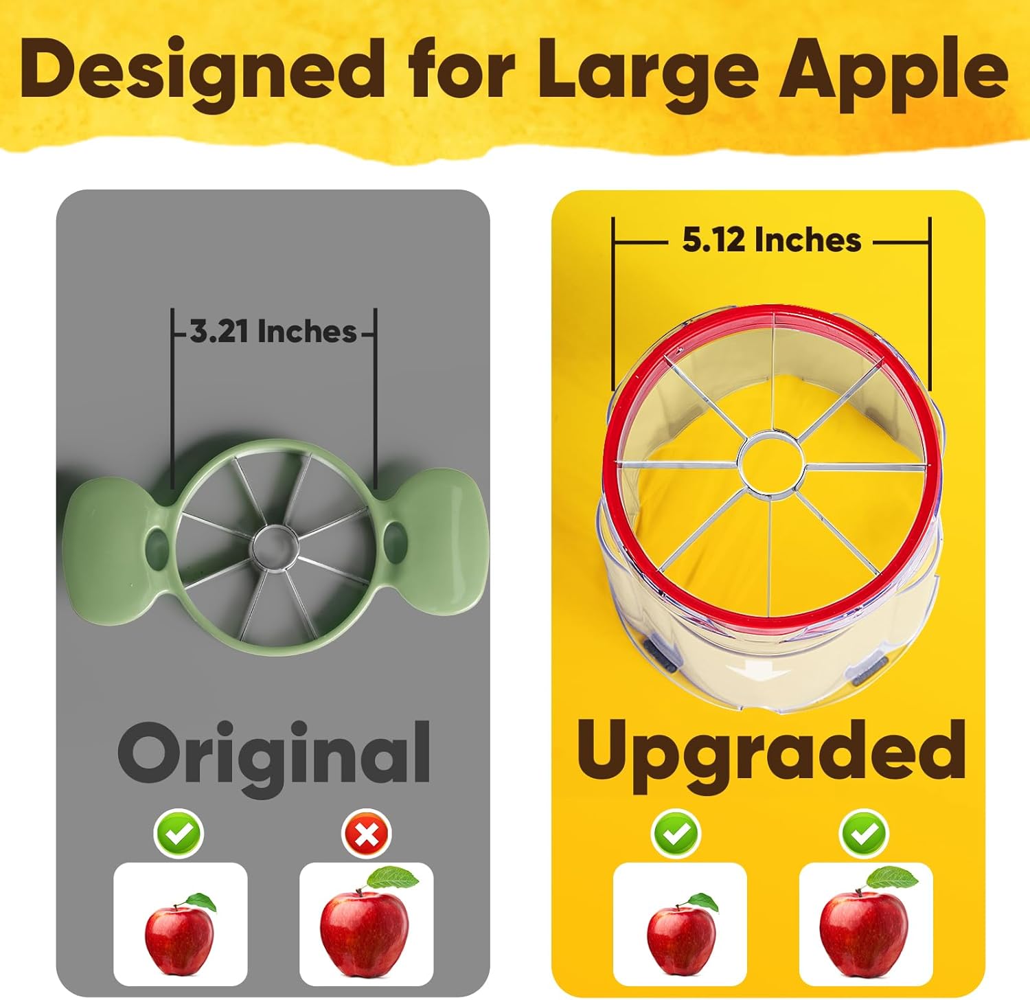 5.12-Inch Apple Slicer - 8 Slices, Ultra-Safe & Heavy-Duty Stainless Steel Extra Large Apple Cutter, Upgraded Cut Apples All The Way Through, with Red Bowl