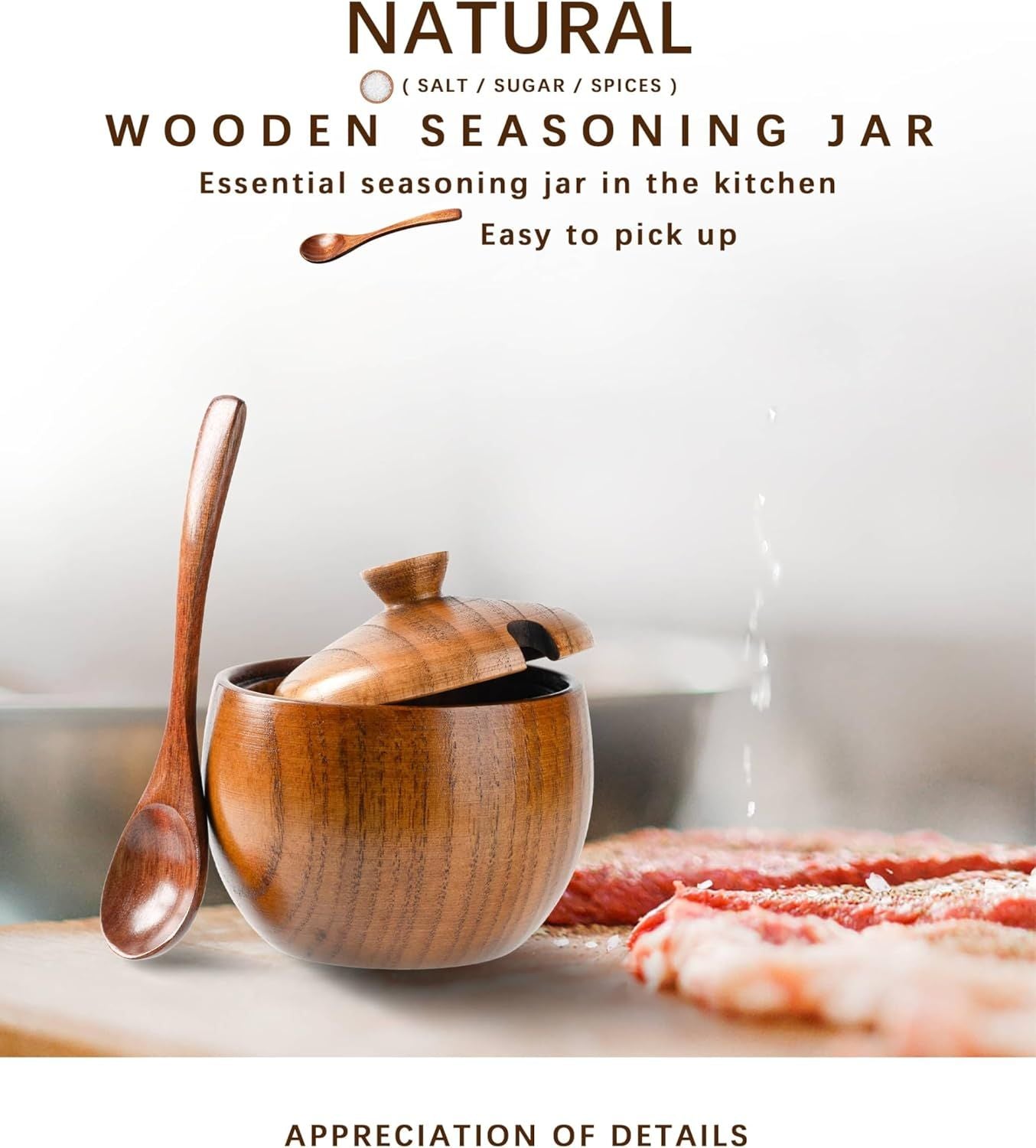 Jujube Wood Salt Container for Countertop, 6 Ounces Capacity Salt Cellar with Lid and Spoon, 3.3x3.5 inch Salt Box, Unique Salt Holder for Kitchen, Elegant Wooden Salt and Pepper Bowl