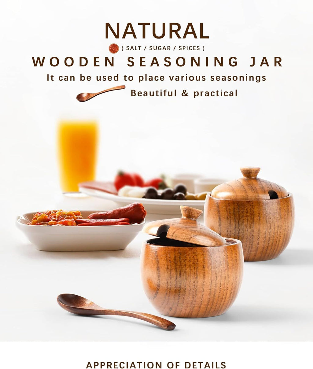 Jujube Wood Salt Container for Countertop, 6 Ounces Capacity Salt Cellar with Lid and Spoon, 3.3x3.5 inch Salt Box, Unique Salt Holder for Kitchen, Elegant Wooden Salt and Pepper Bowl