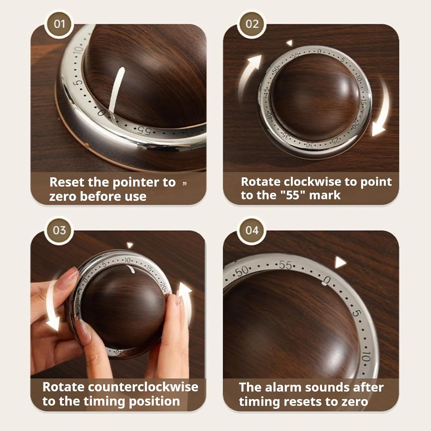 Modern Mechanical Kitchen Timer with Wood Grain Design, Stainless Steel Base, Easy-to-Use Cooking Timer for Home