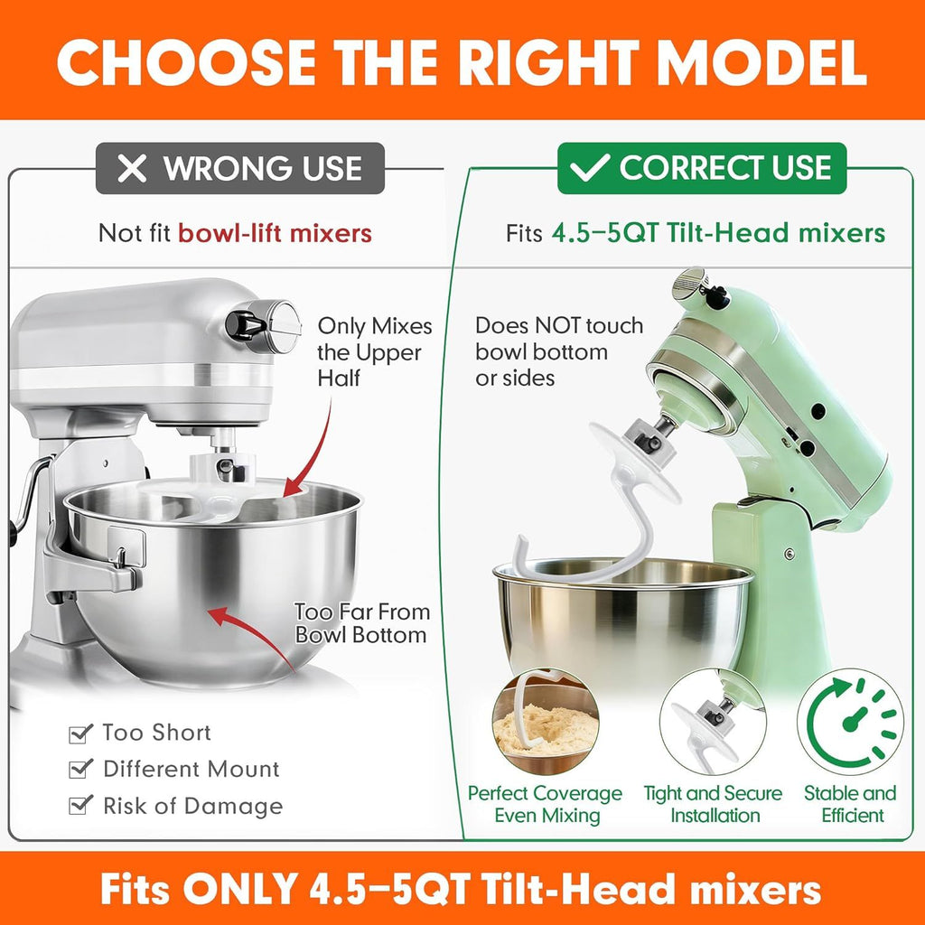 K45DH Dough Hook for KitchenAid 4.5–5 Quart Tilt-Head Stand Mixers, Coated C-Shaped Bread Hook Attachment, Replacement for K45 K45SS KSM90 KSM150, Kneads Pizza & Yeast Dough