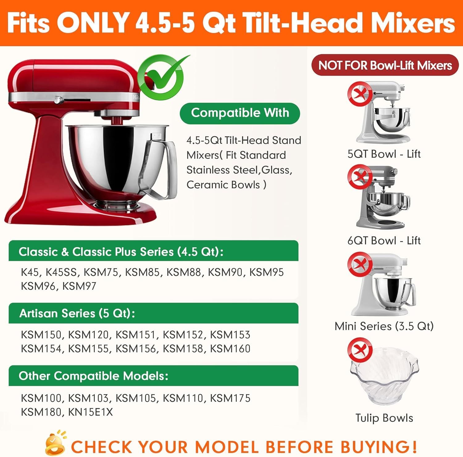 K45DH Dough Hook for KitchenAid 4.5–5 Quart Tilt-Head Stand Mixers, Coated C-Shaped Bread Hook Attachment, Replacement for K45 K45SS KSM90 KSM150, Kneads Pizza & Yeast Dough