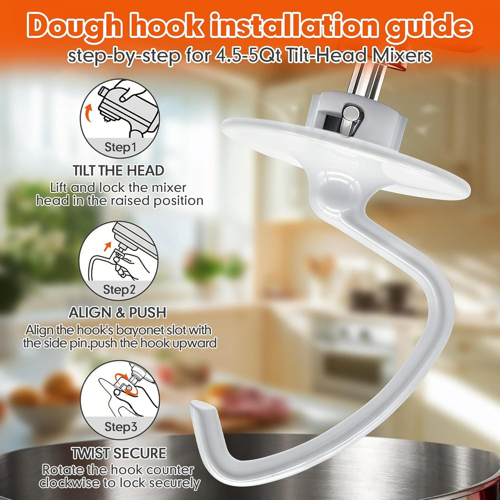 K45DH Dough Hook for KitchenAid 4.5–5 Quart Tilt-Head Stand Mixers, Coated C-Shaped Bread Hook Attachment, Replacement for K45 K45SS KSM90 KSM150, Kneads Pizza & Yeast Dough