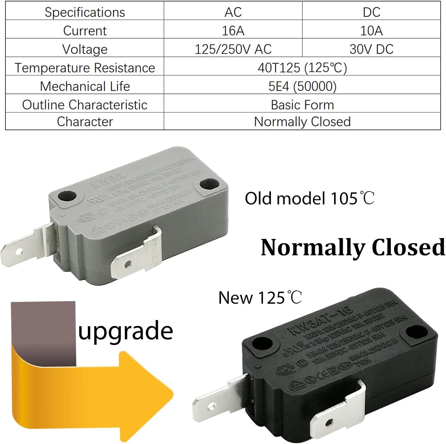 Microwave Oven Door Switch Replacement Part, 16A 125VAC, KW3AT-16 (Downward Compatible with KW3A-16), 2X Normally Open + 1x Normally Closed