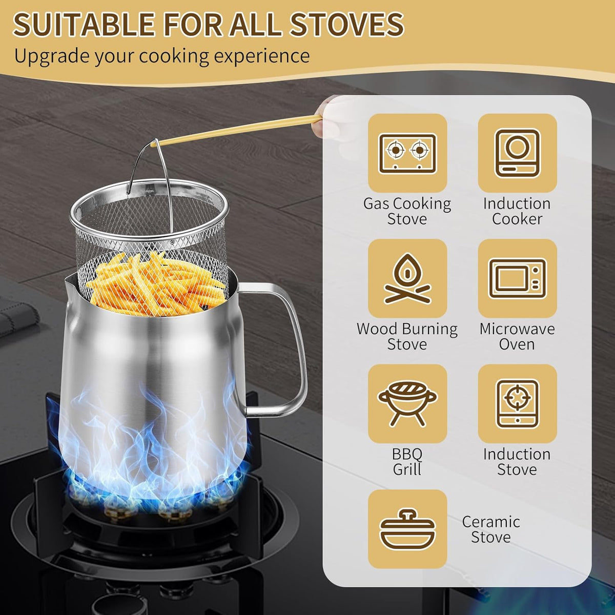 119oz 304 Stainless Steel Deep Fryer Pot with Basket & Strainer, Large Capacity - Flavour Fushion Cooking Shop