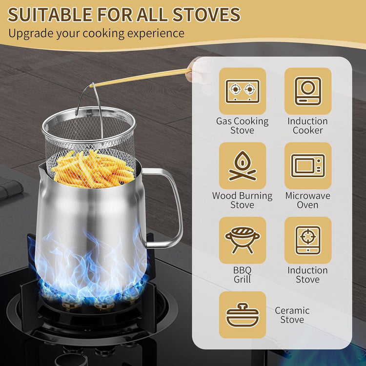 119oz 304 Stainless Steel Deep Fryer Pot with Basket & Strainer, Large Capacity - Flavour Fushion Cooking Shop