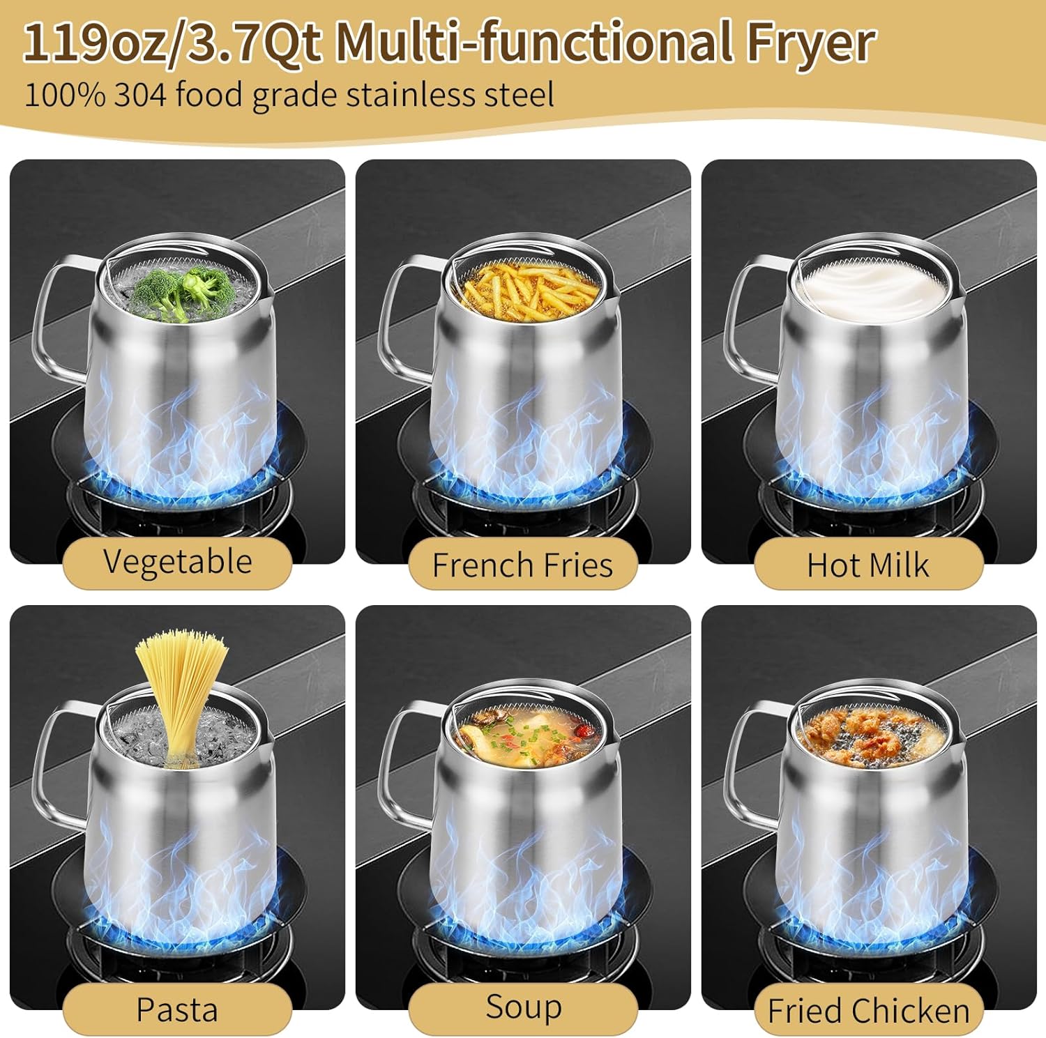 119oz 304 Stainless Steel Deep Fryer Pot with Basket & Strainer, Large Capacity - Flavour Fushion Cooking Shop
