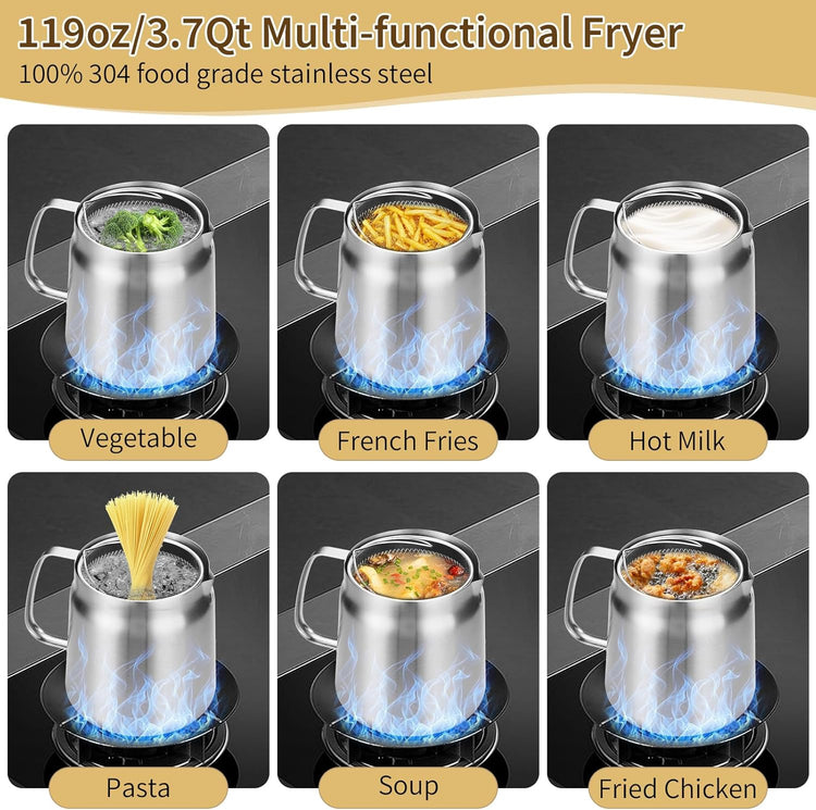 119oz 304 Stainless Steel Deep Fryer Pot with Basket & Strainer, Large Capacity - Flavour Fushion Cooking Shop